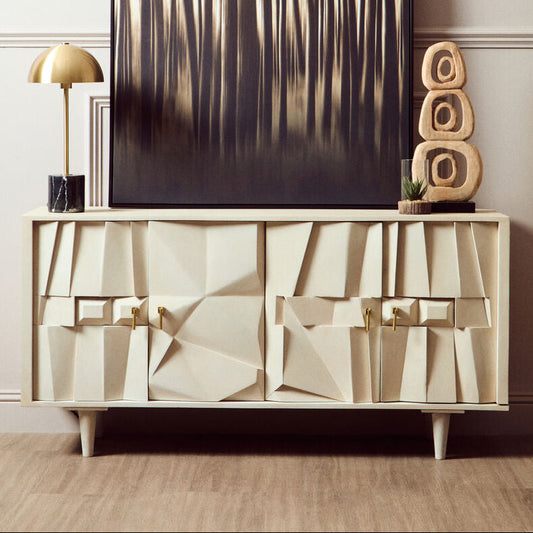 Four Door Whitewash Mango Wood Abstract Sideboard | Sita