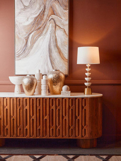 Mango Wood Carved Design Marble Top Three Door Sideboard | Torcino