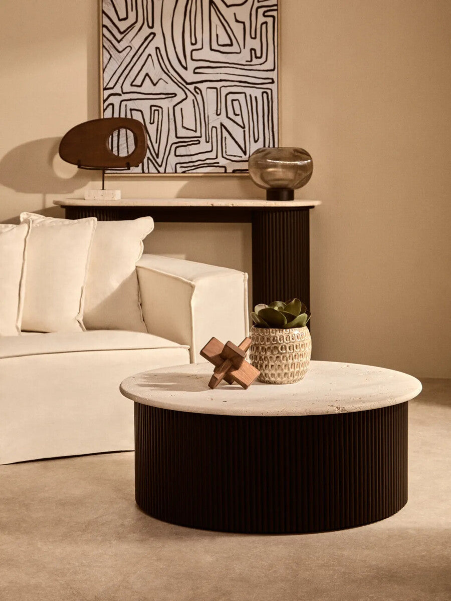 Cream Polished Travertine Top Coffee Table with Ridged Black Acacia Wood Drum Base | Walton
