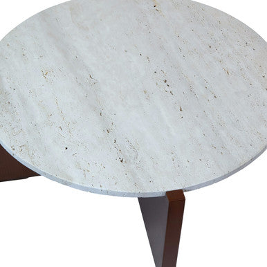 Cream Travertine Top Coffee Table with Brown Acacia Wood Geometric Frame | Winton