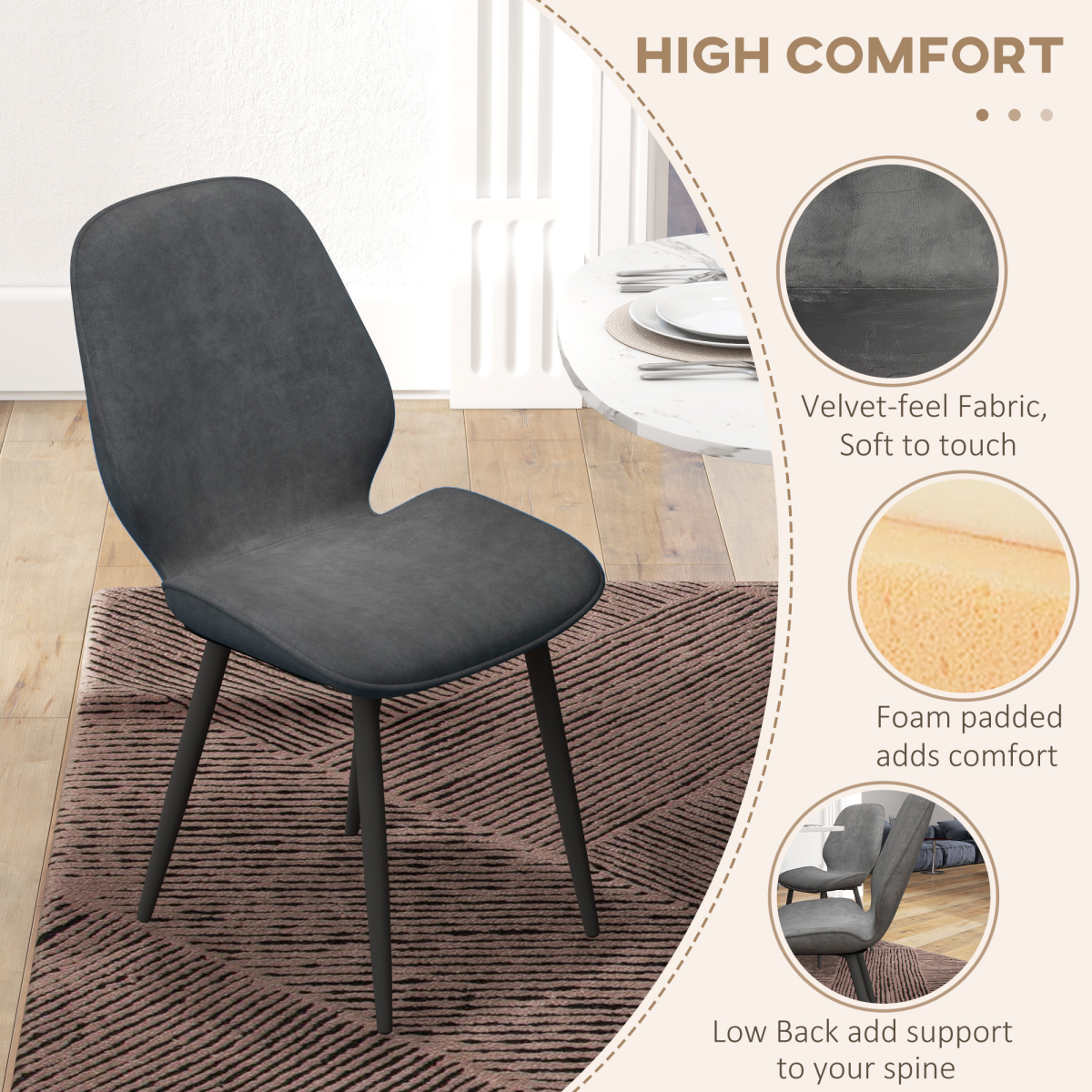 Aurora Dining Chairs Set of 2, Upholstered Kitchen Chairs with Metal Legs, Grey