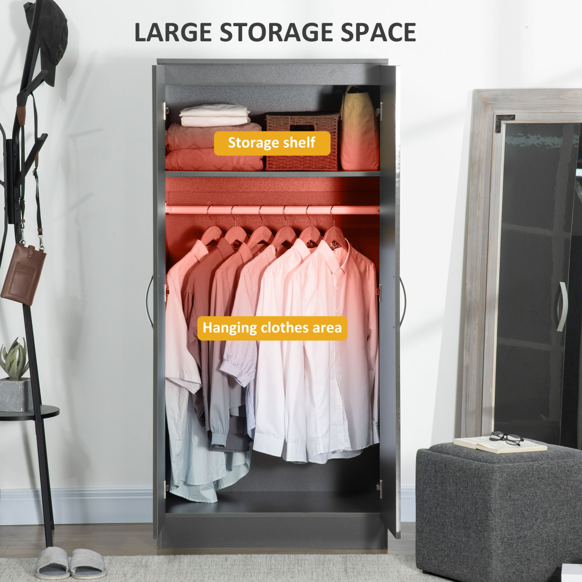 Aurora Modern Wardrobe Closet, Clothes Cabinet with High Glossing Door, Grey