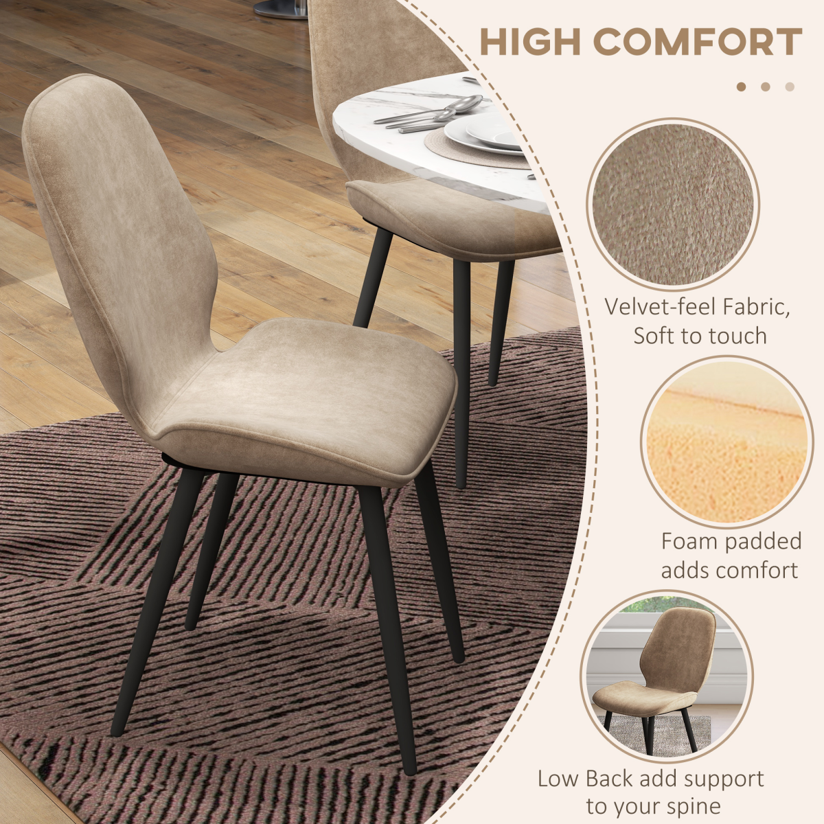 Aurora Dining Chairs Set of 2, Upholstered Kitchen Chairs with Metal Legs, Brown