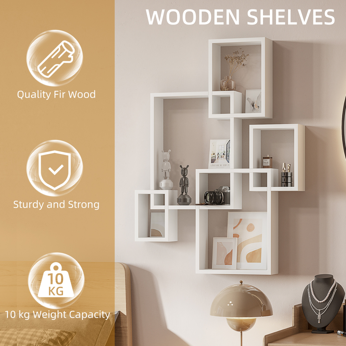 Aurora Floating Shelves, Interlocking Cube Shelves for Decoration, White
