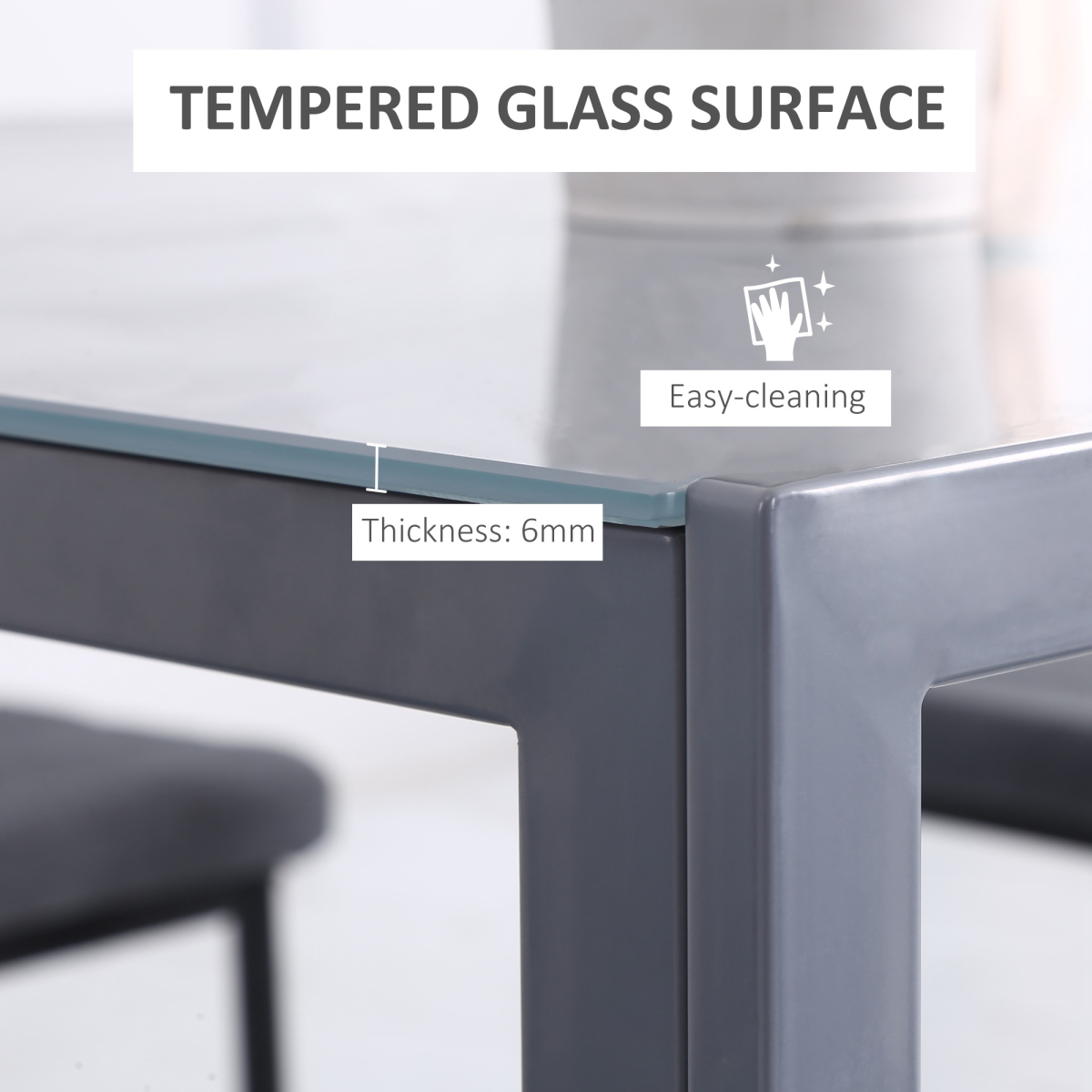 Modern Square Dining Table with Tempered Glass Top & Metal Legs