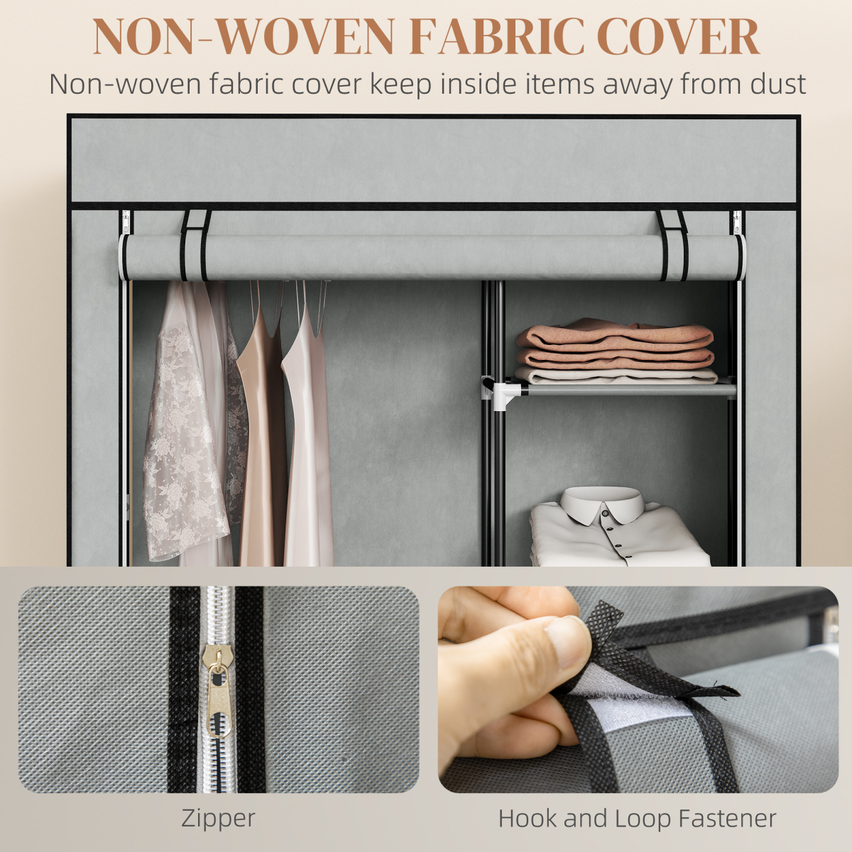 Fabric Wardrobe Portable Wardrobe with 6 Shelves 1 Hanging Rail Light Grey