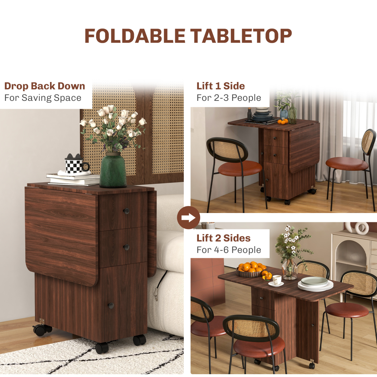 HOMCOM Folding Dining Table, Drop Leaf Table With Drawers Distressed Brown