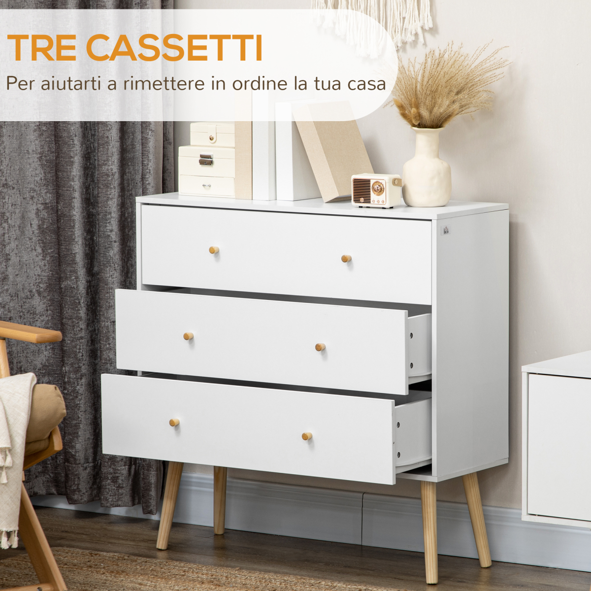 Chest of Drawers 3-Drawer Dresser Storage Organiser with Wood Legs, White