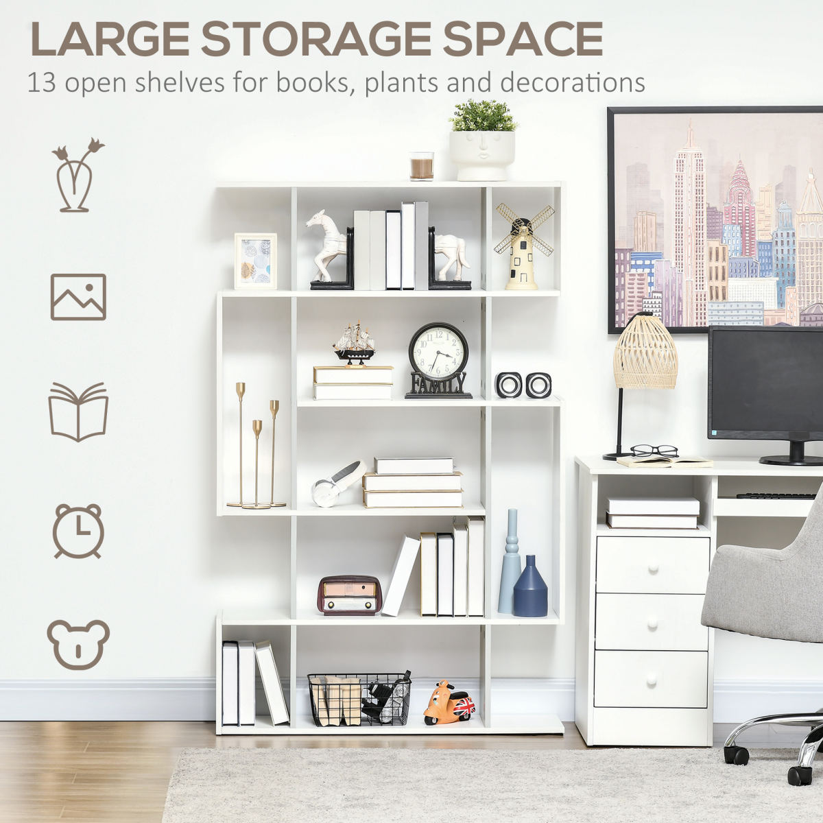 5-Tier Bookshelf, Modern Bookcase with 13 Open Shelves, White
