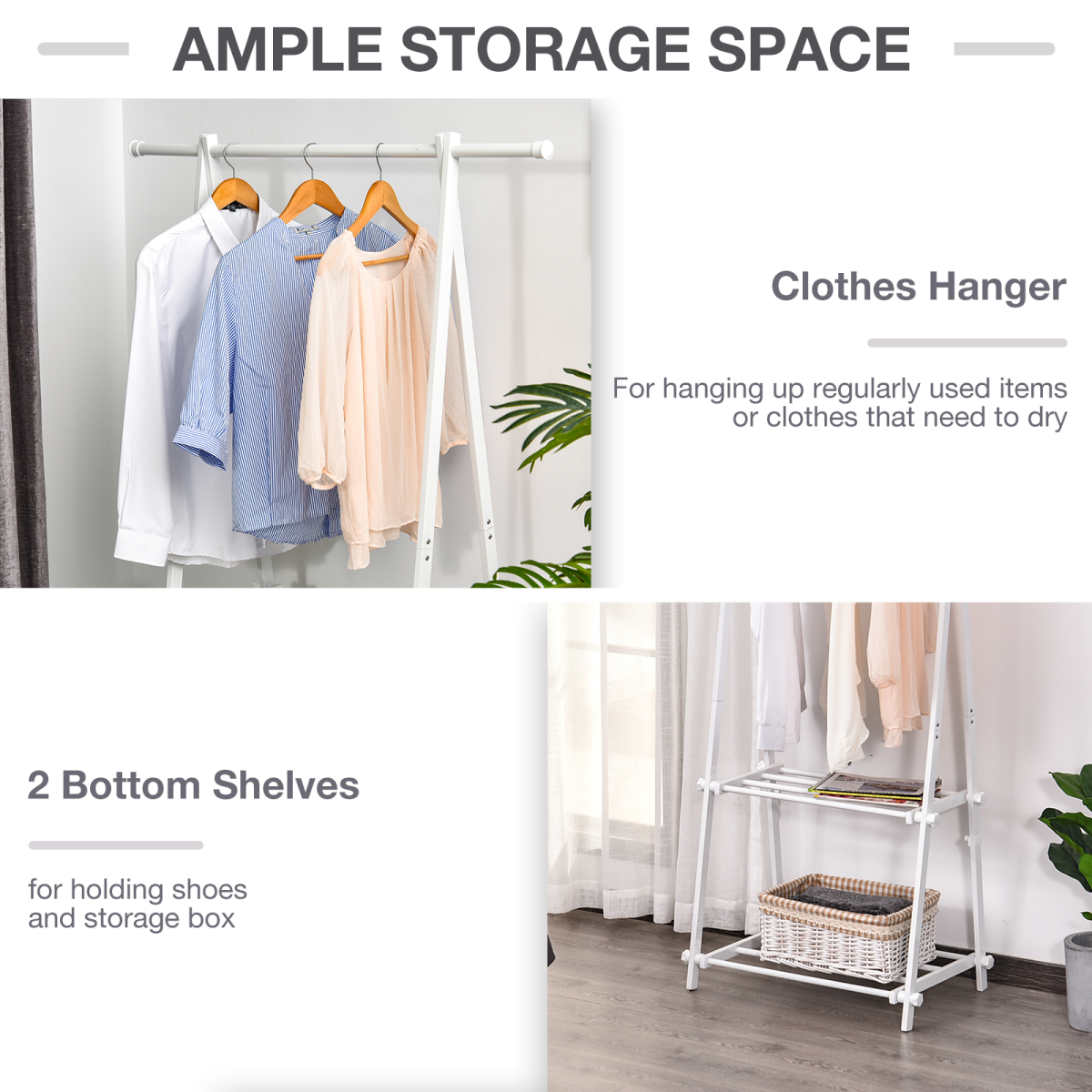 Steel Freestanding Clothes Rail w/ 2 Shelves White