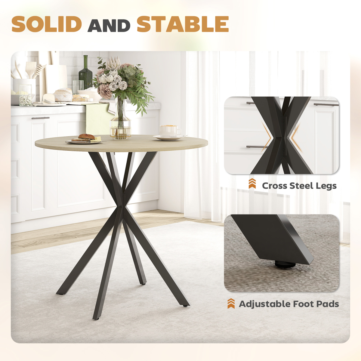 Aurora 80cm Round Dining Table, Industrial Kitchen Table with Steel Legs