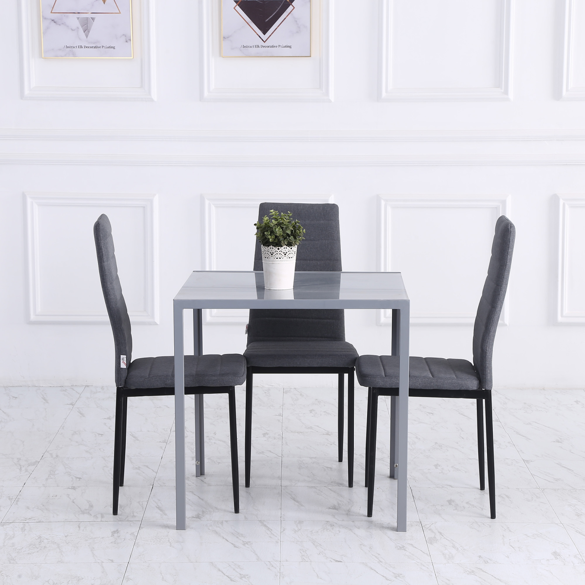 Modern Square Dining Table with Tempered Glass Top & Metal Legs