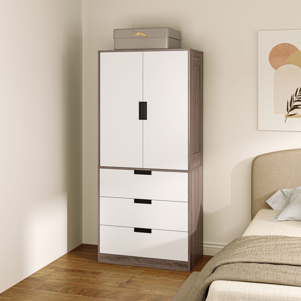 Aurora 2 Door Wardrobe Brown Wardrobe with 3 Drawer and Hanging Rod Brown