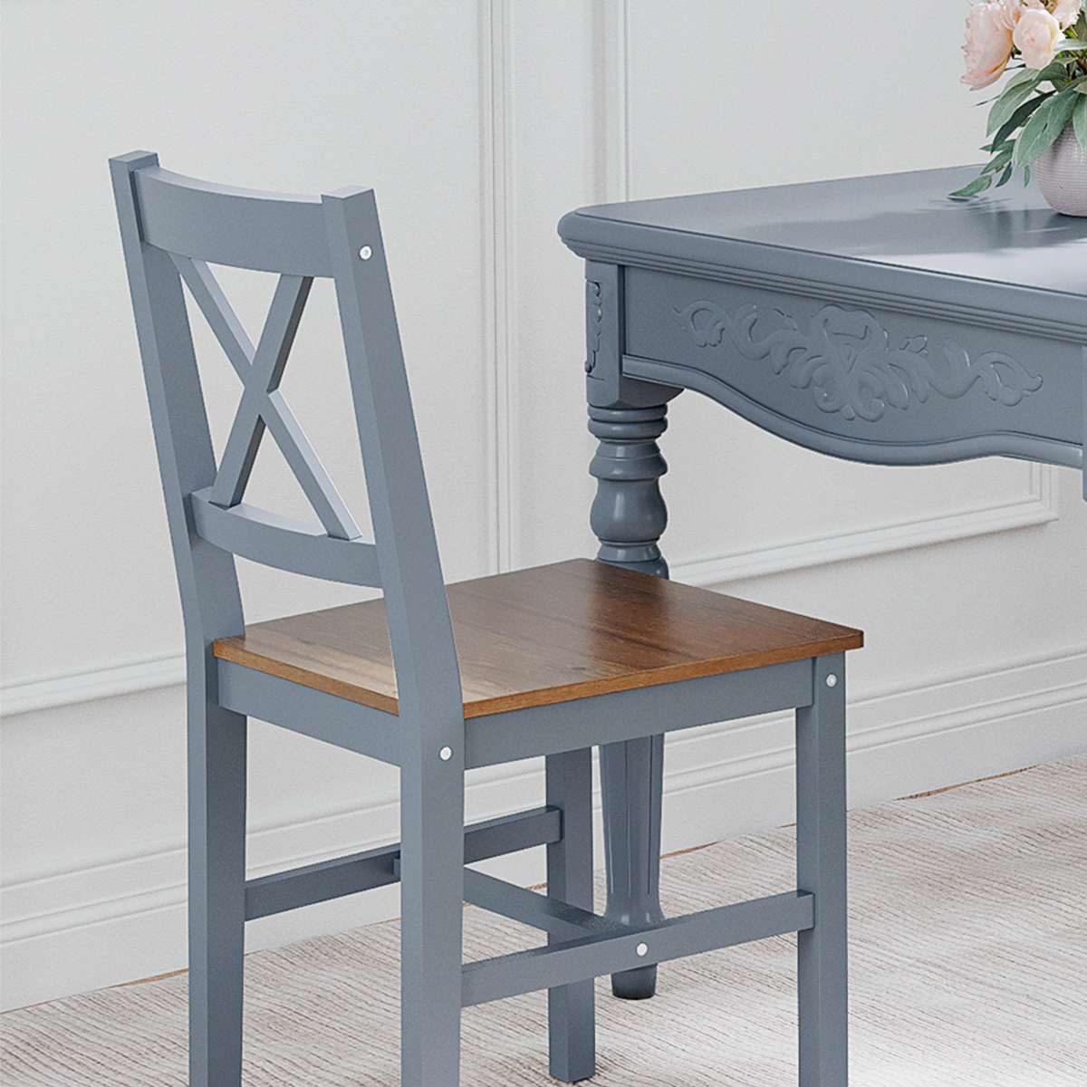Dining Chairs Set of 2, Pine Wood Frame, Cross Back for Kitchen Grey