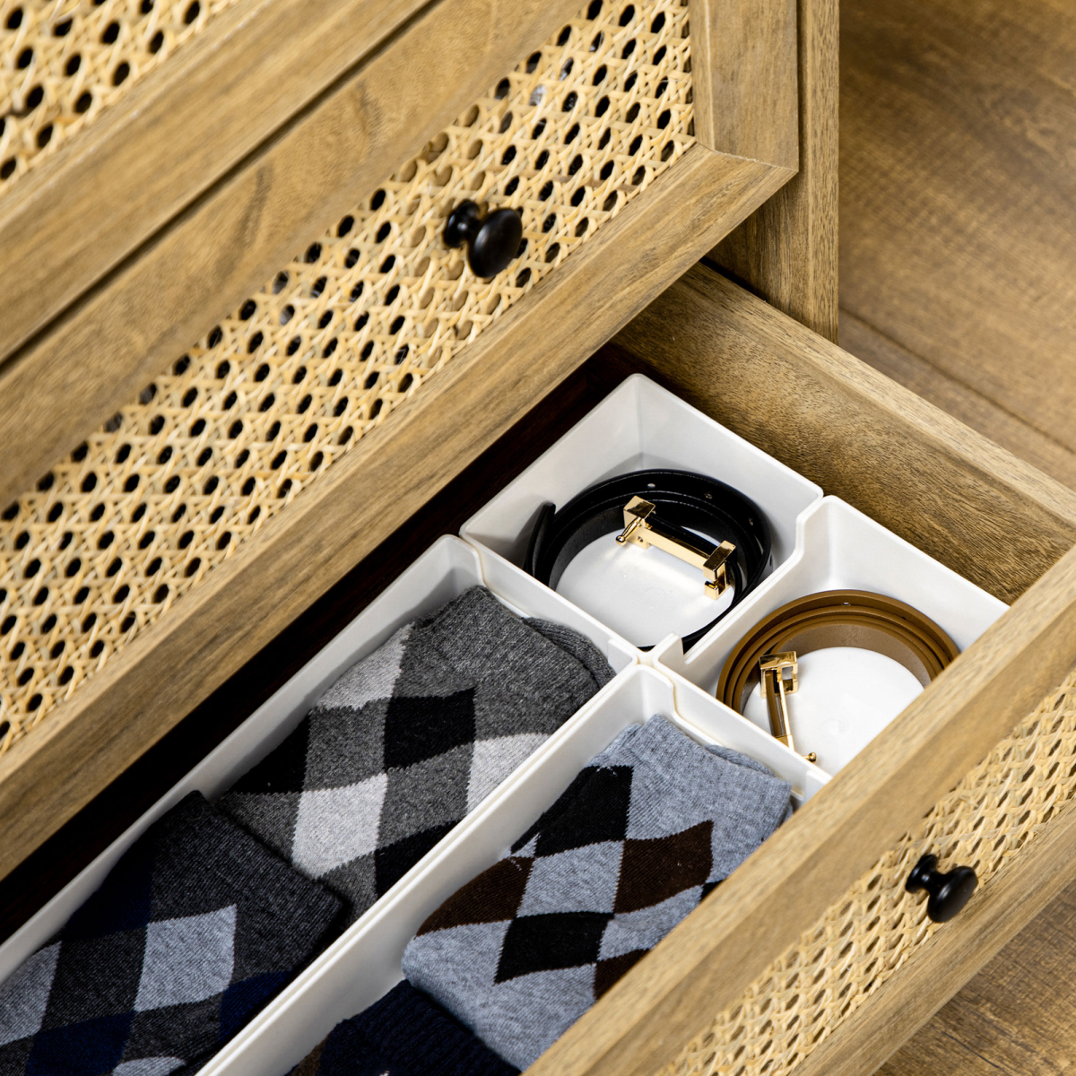 Rattan Chest of Drawers 4-Drawer Dresser Storage Cabinet Bedroom, Wood Effect