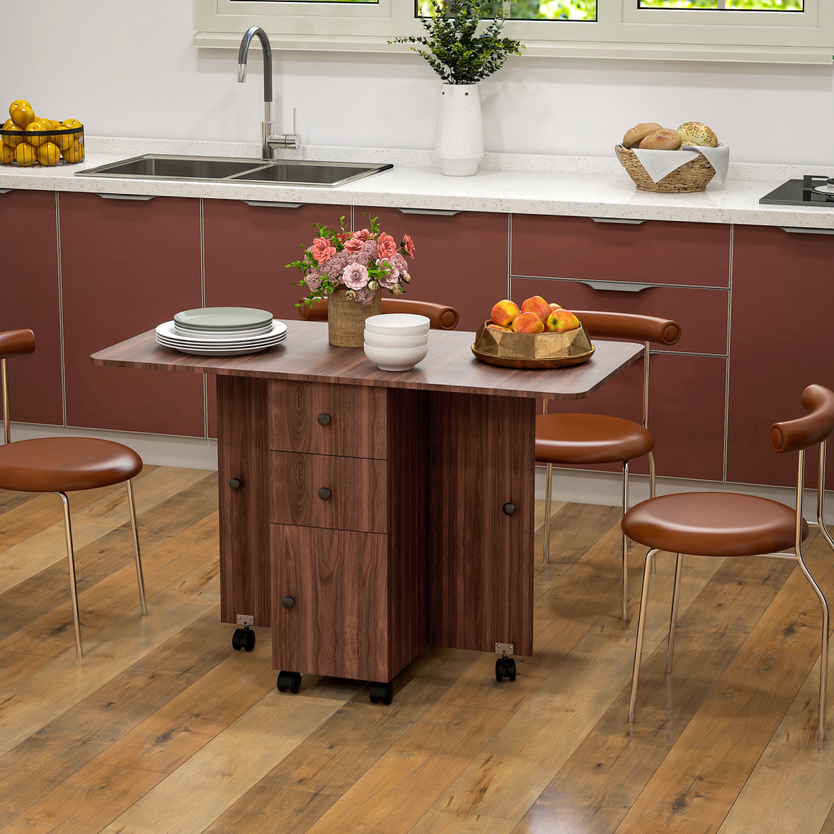 HOMCOM Folding Dining Table, Drop Leaf Table With Drawers Distressed Brown