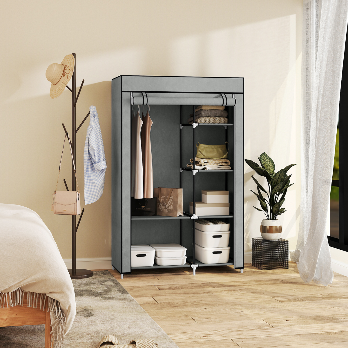 Fabric Wardrobe Portable Wardrobe with 6 Shelves 1 Hanging Rail Light Grey