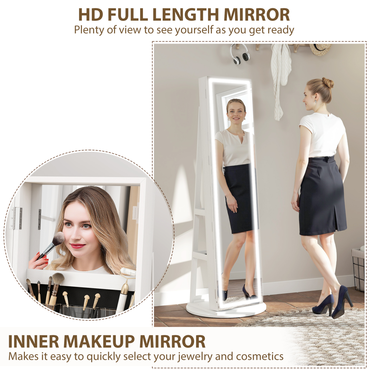 HOMCOM 360° Swivel Jewellery Cabinet, Full Length Mirror with Storage, White
