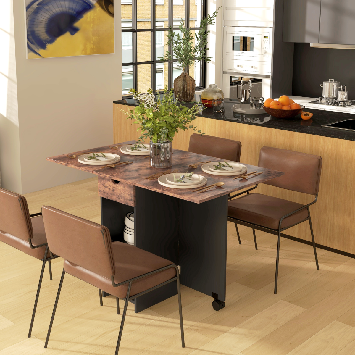 Expandable Dining Table with Storage - Rustic Brown - Seats 4 Conveniently