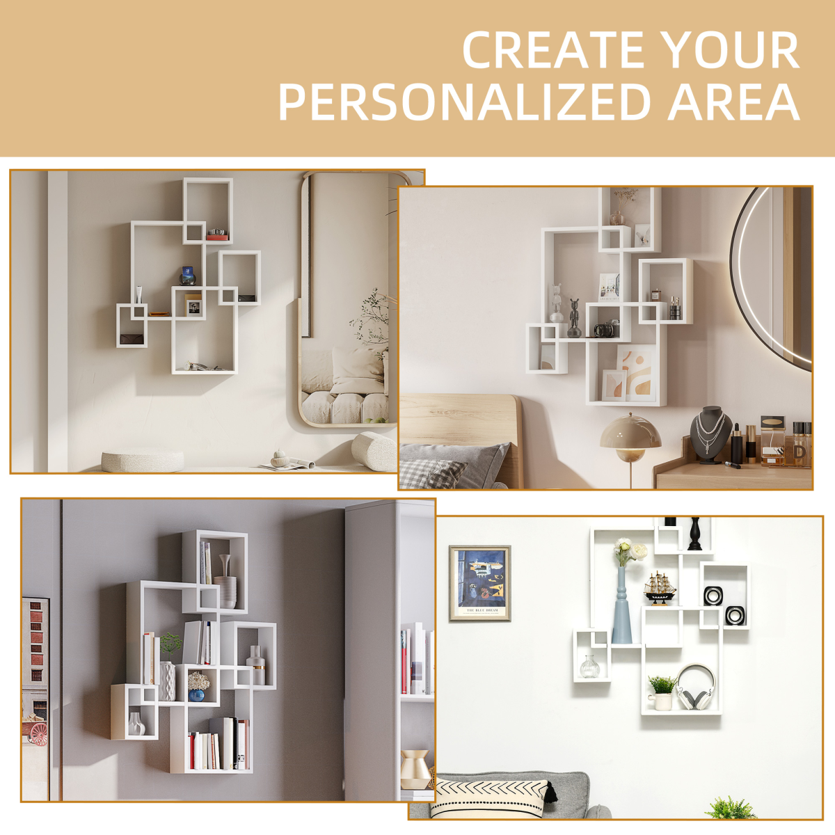 Aurora Floating Shelves, Interlocking Cube Shelves for Decoration, White