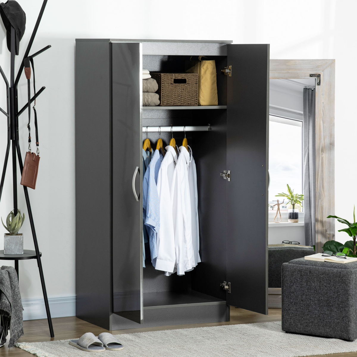 Aurora Modern Wardrobe Closet, Clothes Cabinet with High Glossing Door, Grey