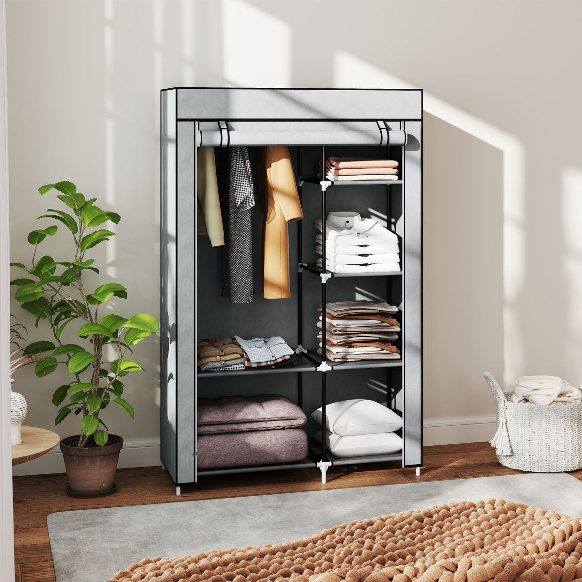 Fabric Wardrobe Portable Wardrobe with 6 Shelves 1 Hanging Rail Light Grey