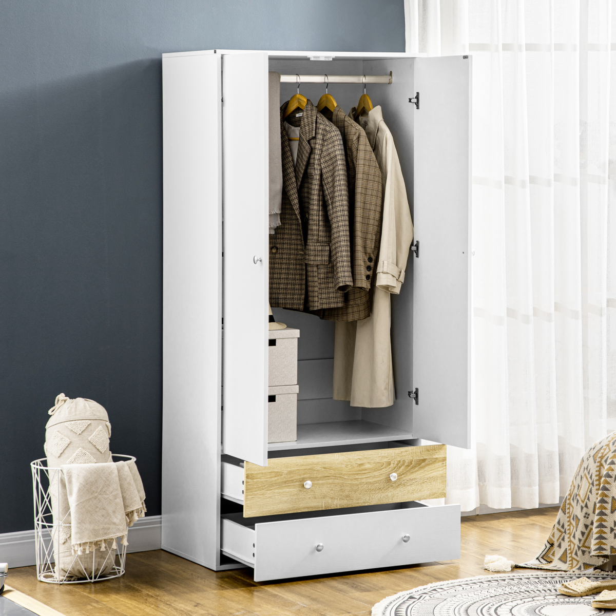 2 Door Wardrobe White Wardrobe with Drawers and Hanging Rod for Bedroom