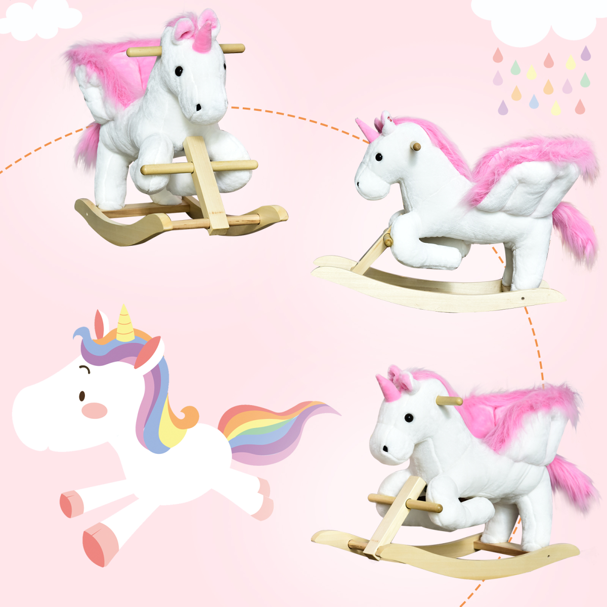 Kids Wooden Ride On Unicorn Rocking Horse Plush Toy Soft Seat Pink HOMCOM