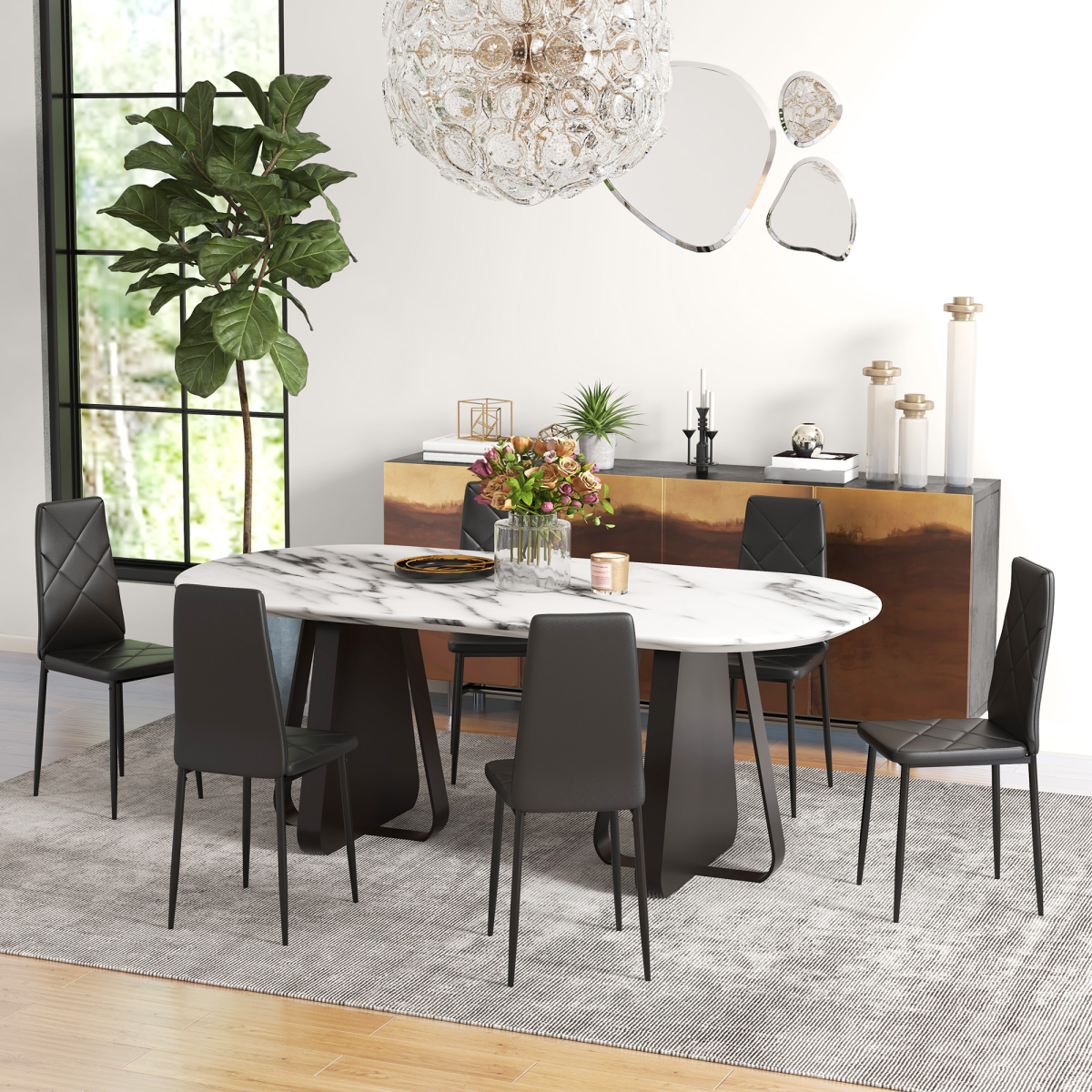Aurora 6-Pieces Dining Chairs, Faux Leather Kitchen Chairs, Black