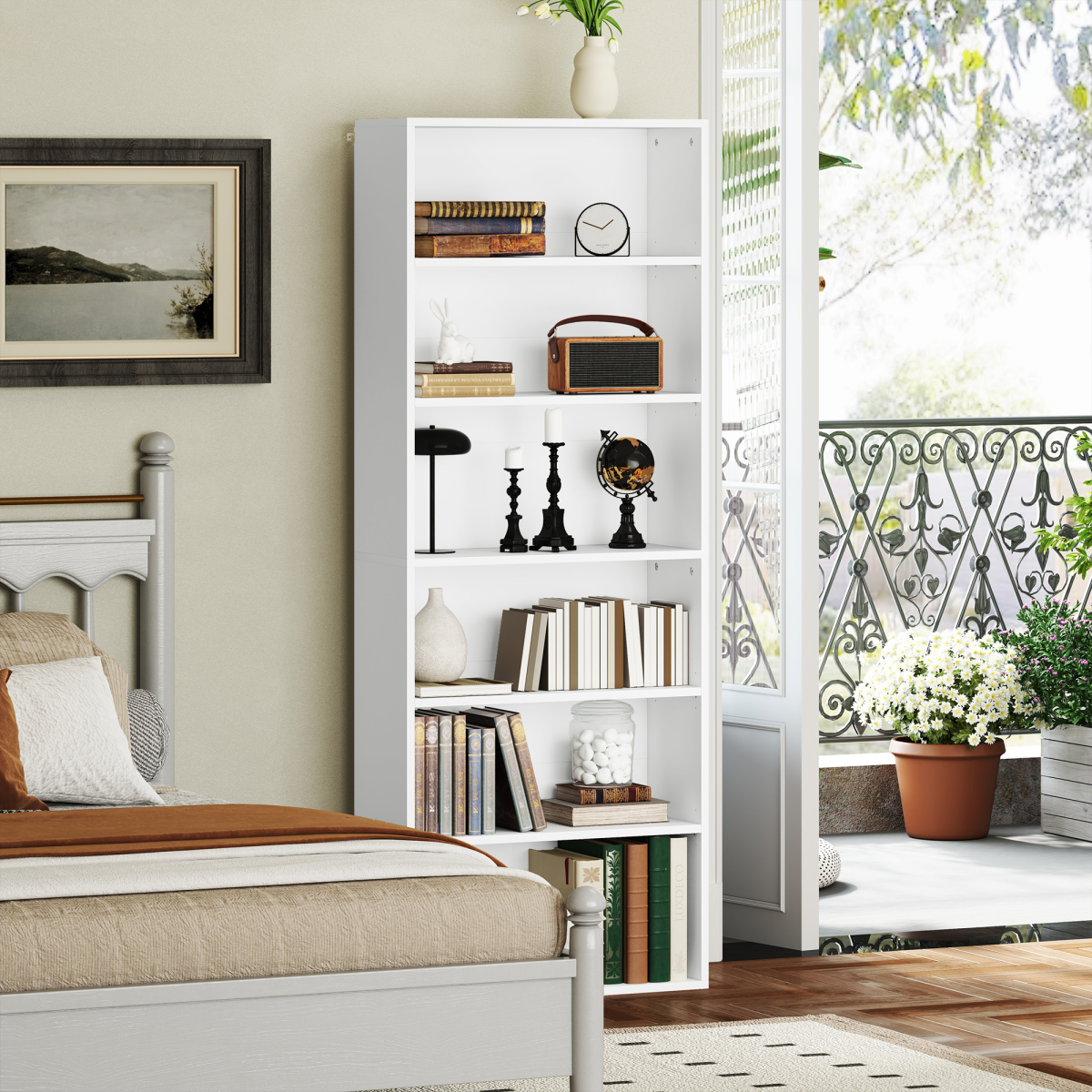 6-Tier Bookshelf, Freestanding Bookcase with Adjustable Shelves, White