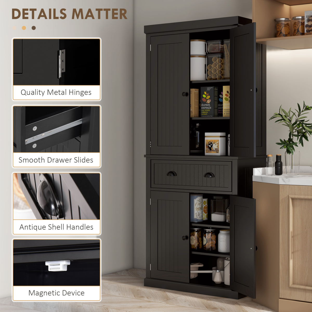 Freestanding Kitchen Storage Cabinet W/ Drawers Cupboards Shelves Home Black