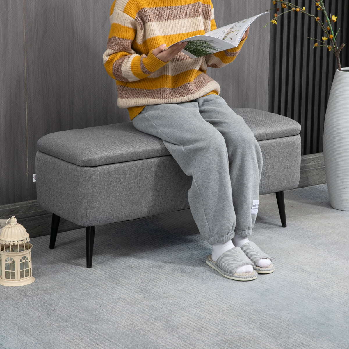 Storage Ottoman Bench, Linen Fabric Footstool with Steel Legs Grey