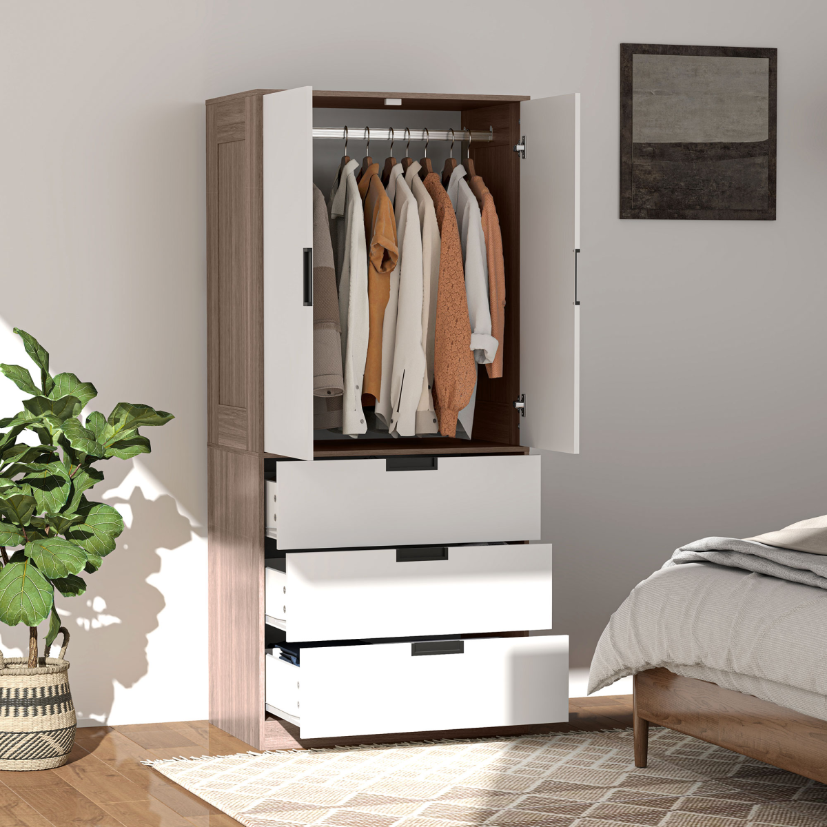 Aurora 2 Door Wardrobe Brown Wardrobe with 3 Drawer and Hanging Rod Brown
