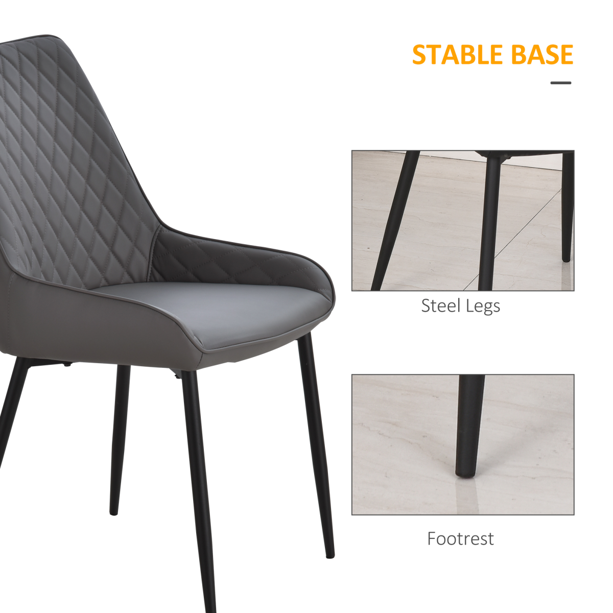 Aurora Set Of 2 Quilted PU Leather Dining Chairs w/ Metal Frame 4 Legs Grey