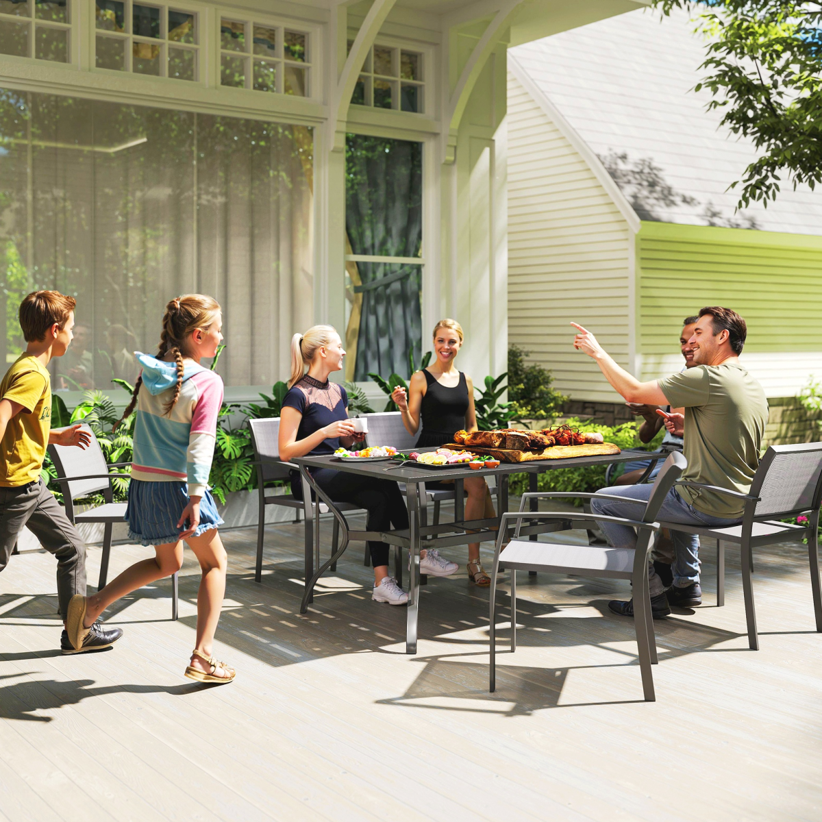 Outsunny Garden Dining Table with Steel Frame and Slatted Top for Balcony Black