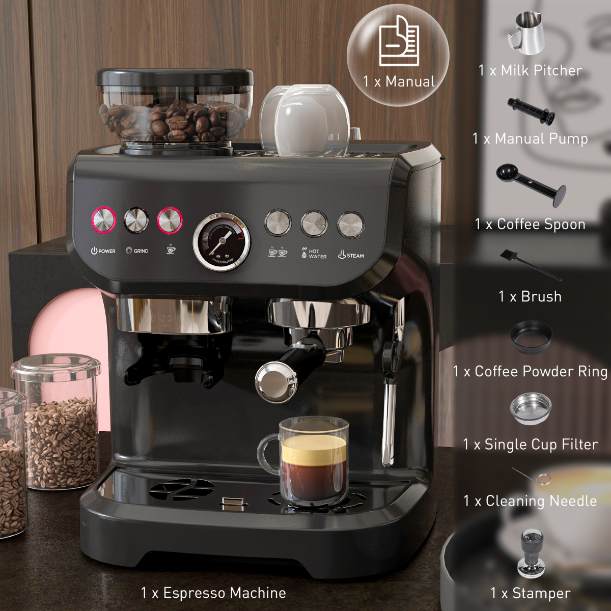 Espresso Coffee Machine w/ Integrated Bean Grinder & Steam Wand 15 Bar Pressure