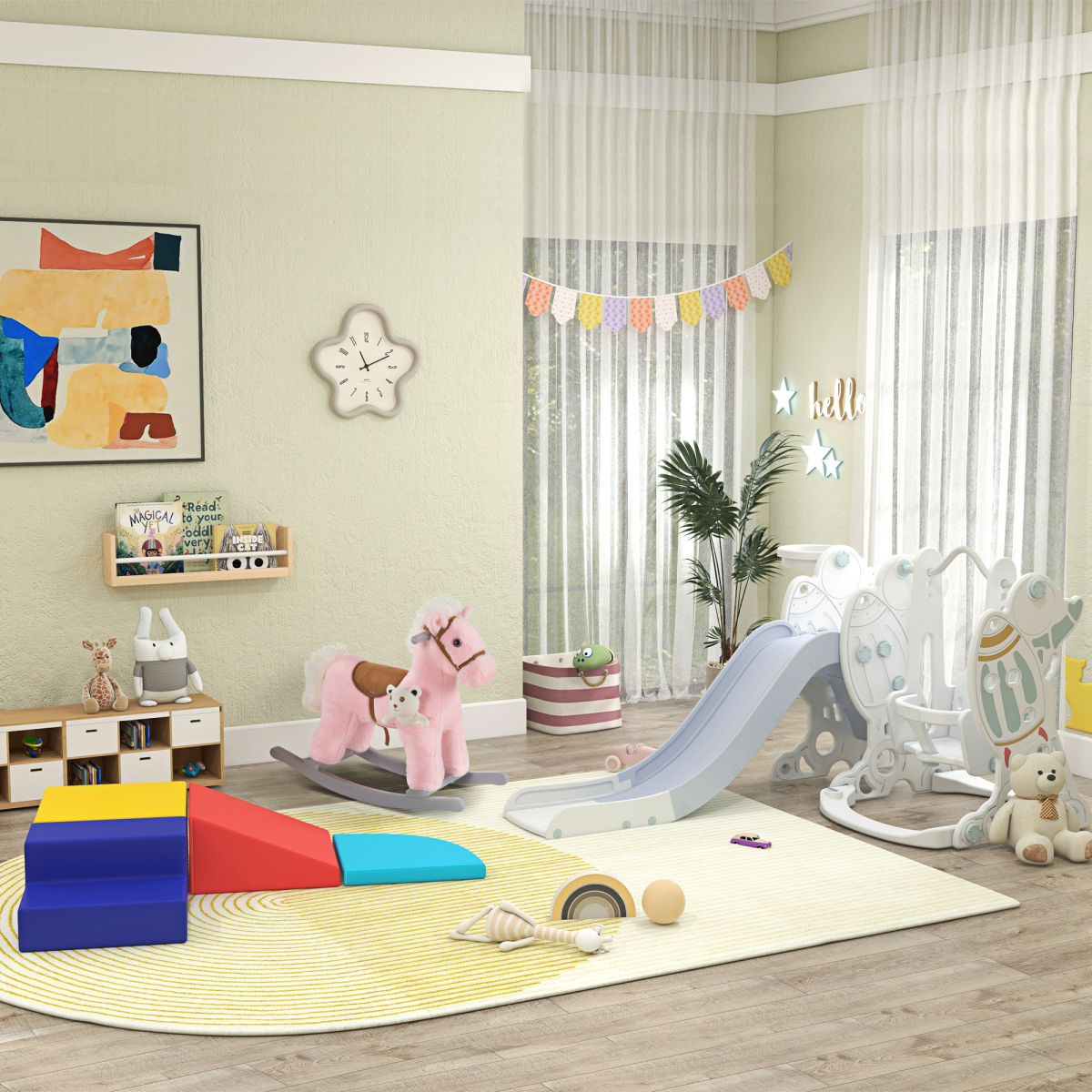 Kids Plush Ride-On Rocking Horse with Plush Toy Sound Handle Grip HOMCOM