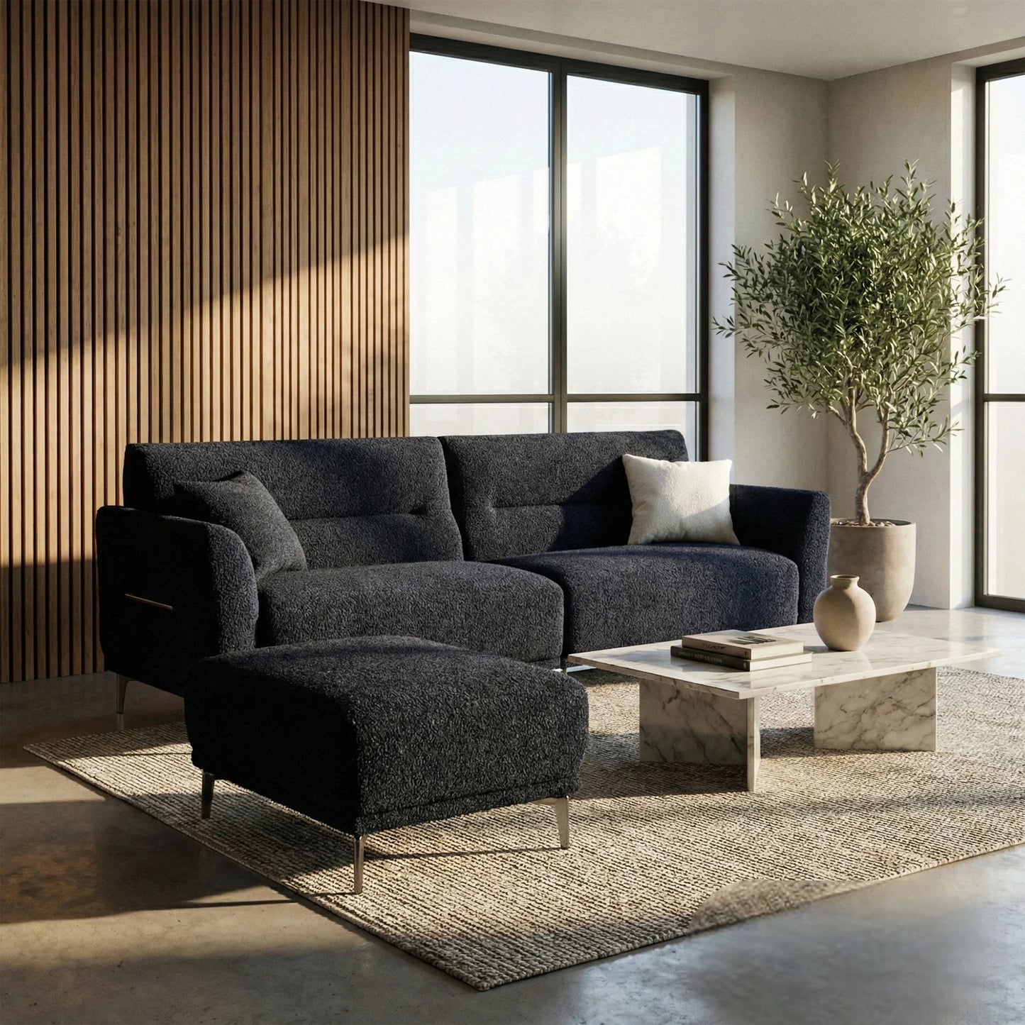 ALUXO Albany Footstool In Midnight Black Boucle Fabric