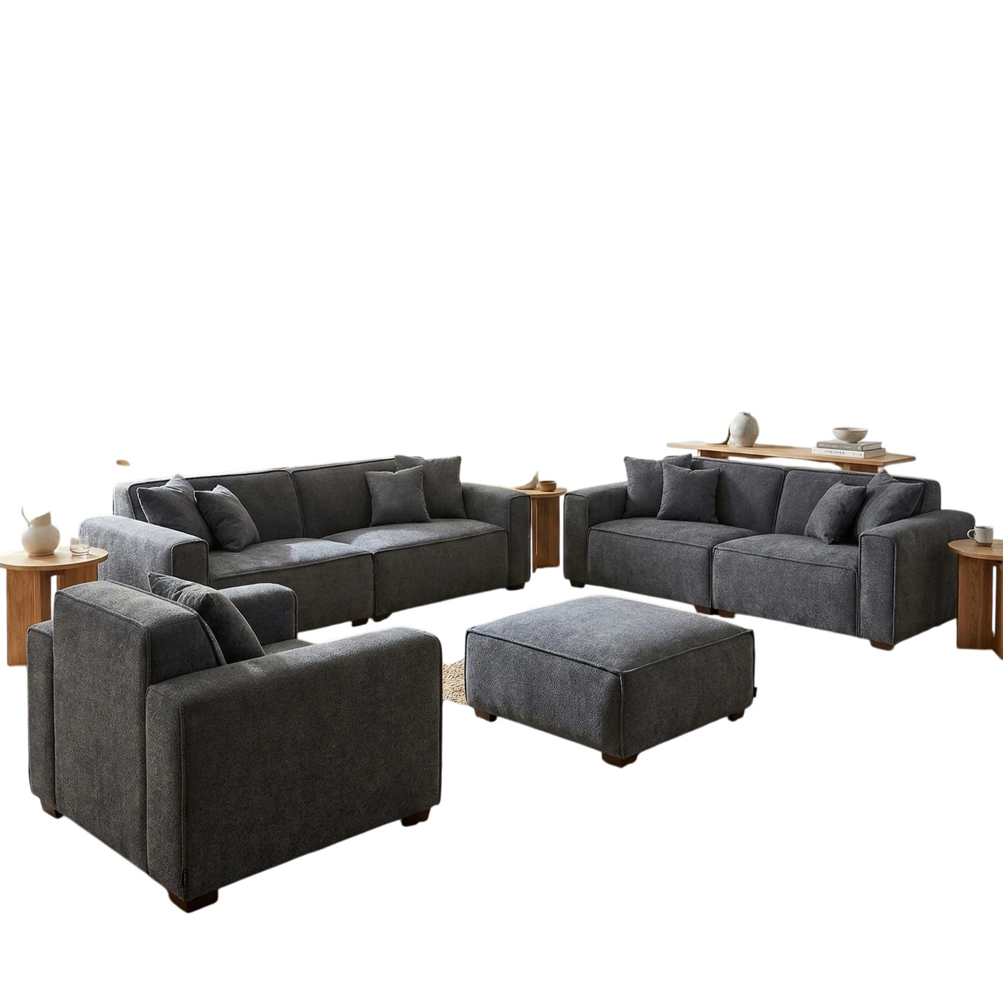 ALUXO Dakota 4+3+1+Footstool Complete Sofa Set In Midnight Black Boucle Fabric