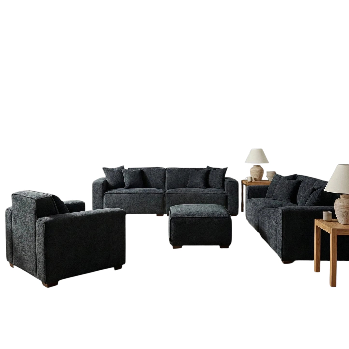 ALUXO Dakota 4+3+1+Footstool Complete Sofa Set In Charcoal Grey Boucle Fabric