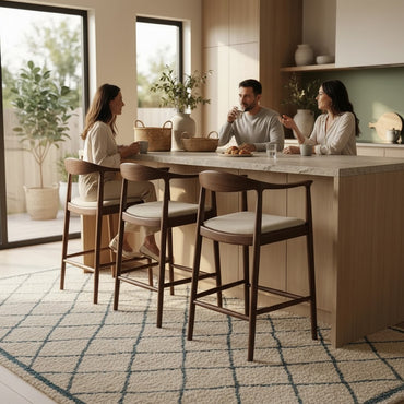 ALUXO Fern Walnut Bar Stool With Oatmeal Beige Boucle Upholstery Fabric
