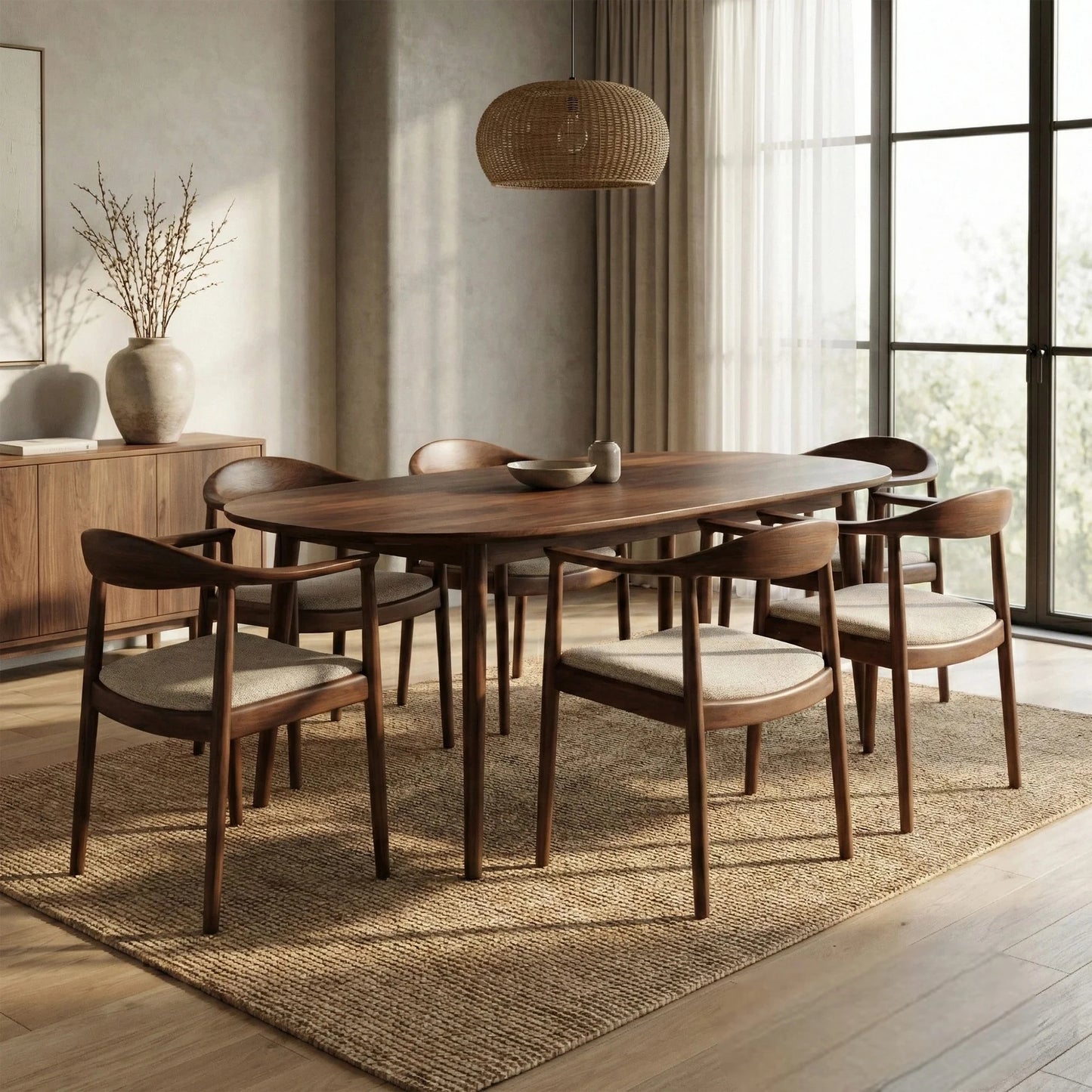 ALUXO Fern Walnut Dining Chair In Oatmeal Bouclé Fabric – Set of 2