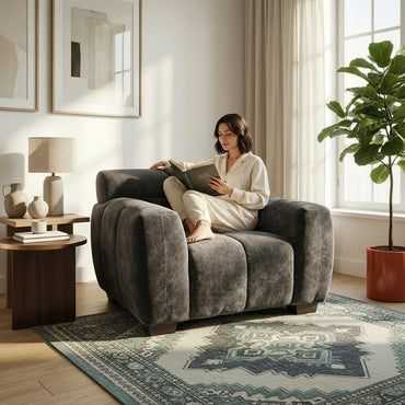 ALUXO Harlem Deep Channel Stitched Armchair In Steel Grey Mermaid Velvet