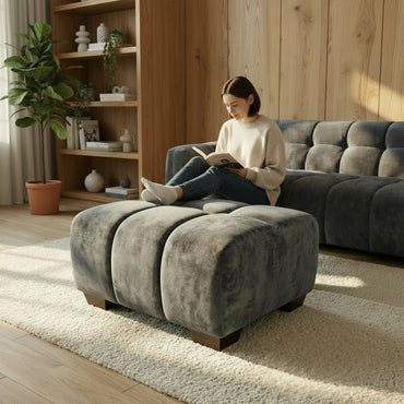 ALUXO Harlem Deep Channel Stitched Footstool In Steel Grey Mermaid Velvet