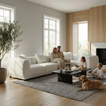 ALUXO Lottie 5 Seater Modular Corner Sofa In Polar White Boucle Fabric