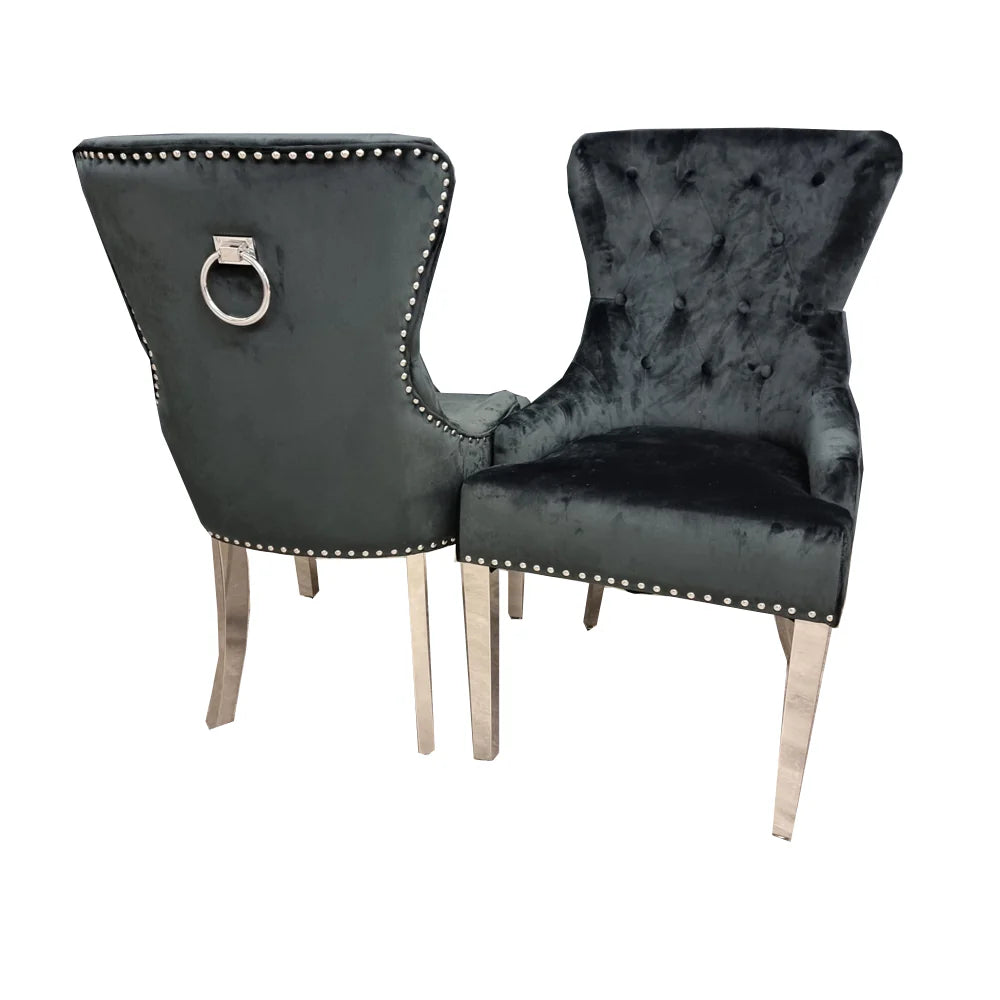 ALUXO Megan Dark Grey Velvet Dining Chair With Chrome Ring Knocker And Studded Detail