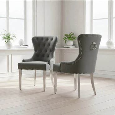 ALUXO Megan Dark Grey Velvet Dining Chair With Chrome Ring Knocker And Studded Detail