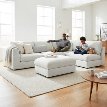 Aluxo Madison 4+1+Storage Footstool Modular Sofa In Light Grey Boucle Fabric