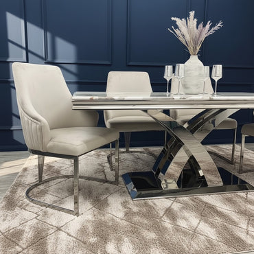 Chelmsford Dining Chair In Beige/Cream Velvet Fabric With Silver Frame