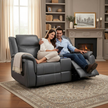 Galaxy Tech Electric Recliner Grey Leather Cinema Console 2 Seater Sofa